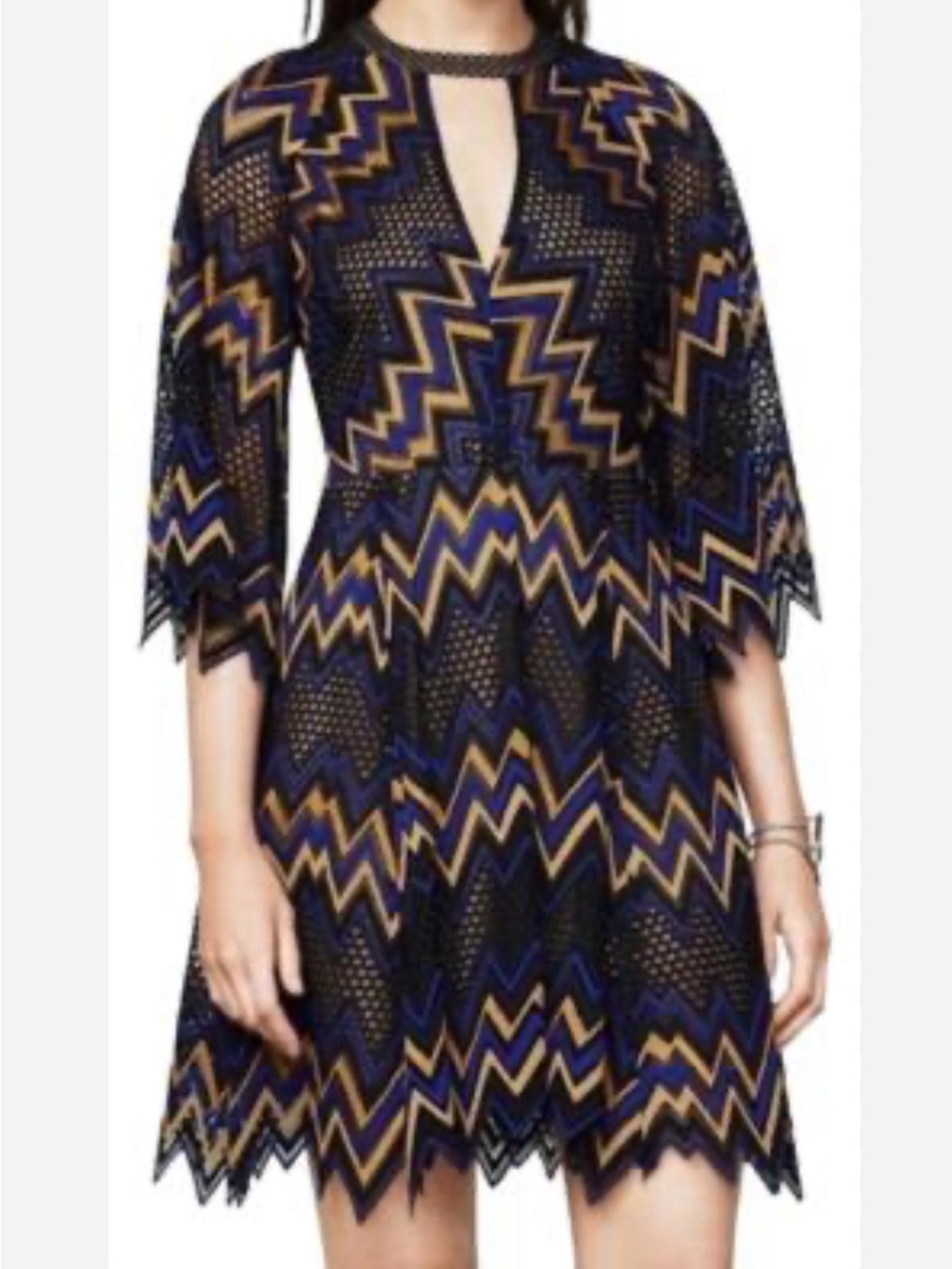 BCBGMaxAzria Navy and Gold Chevron Lace Keyhole Fit-and-Flare Dress